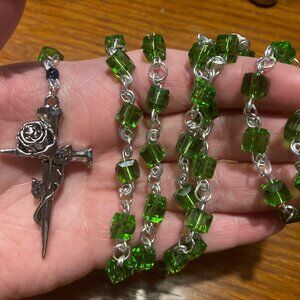 Handmade Rosary with Green Square Transparent Glass Beads